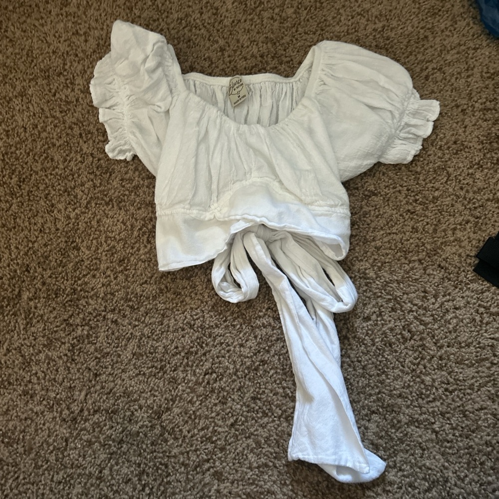 Free People White Puff Sleeve Ruffled Blouse